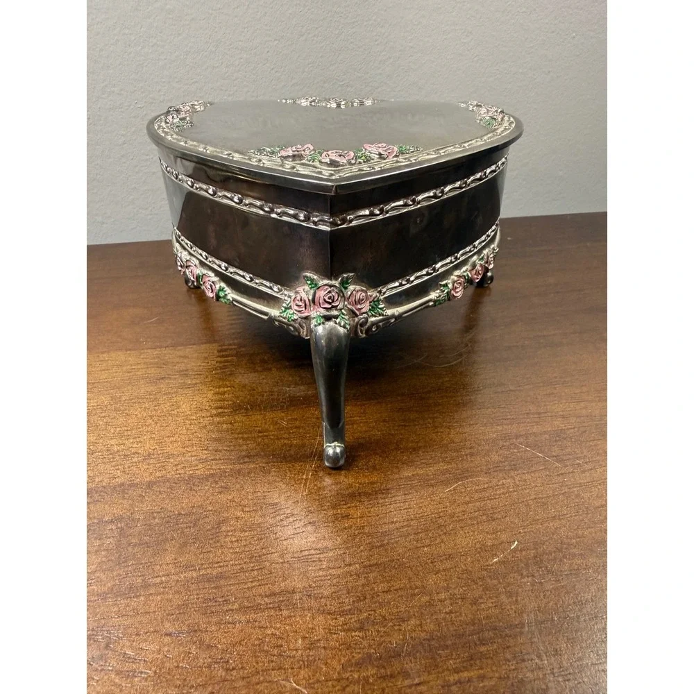 Vintage Heart Shaped Jewelry Box Silver Tone Pink Enamel Roses Footed Trink Box
